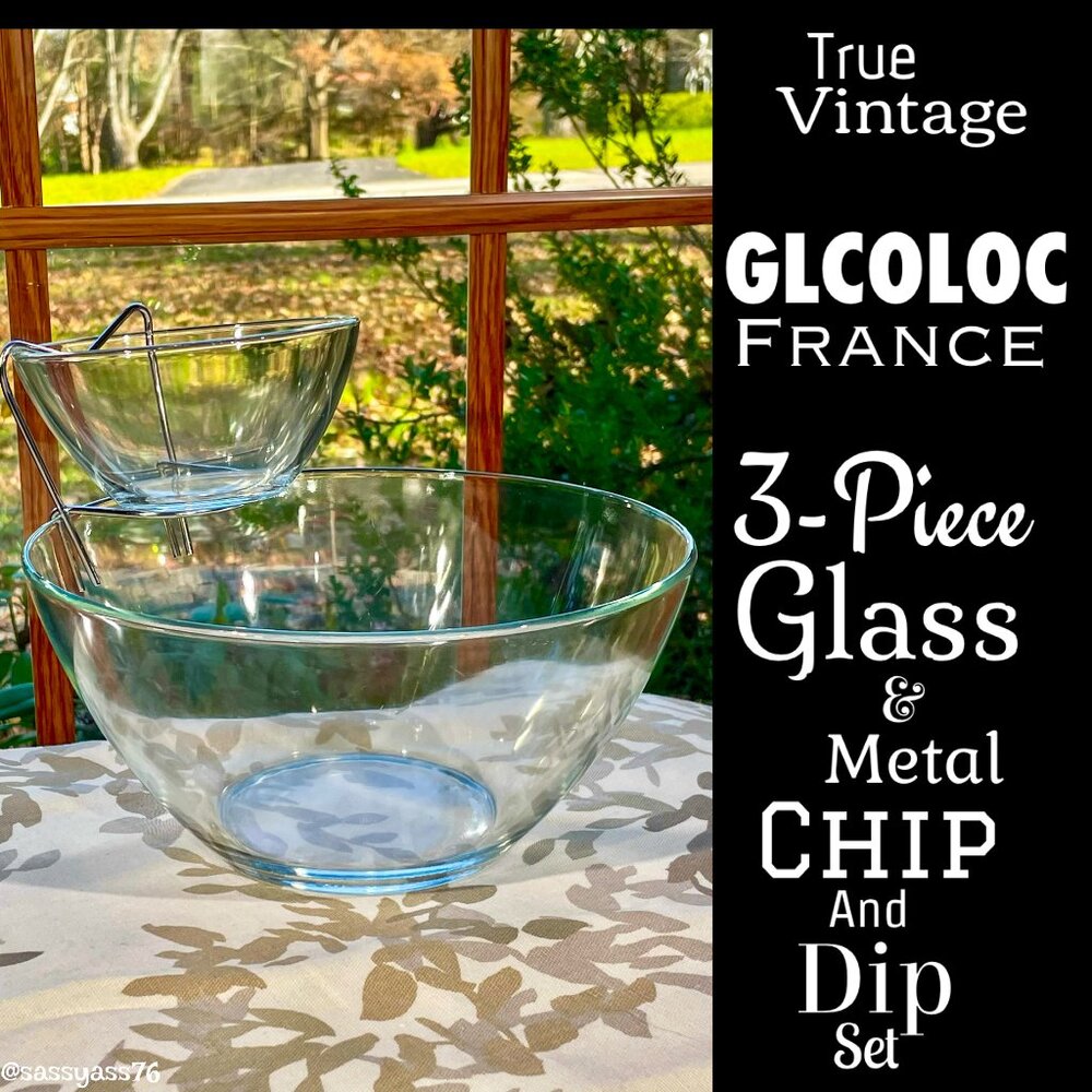▪️VTG▪️GLCOLOC FRANCE▪️3-Piece Clear Glass & Metal Chip & Dip Set - Picture 1 of 8